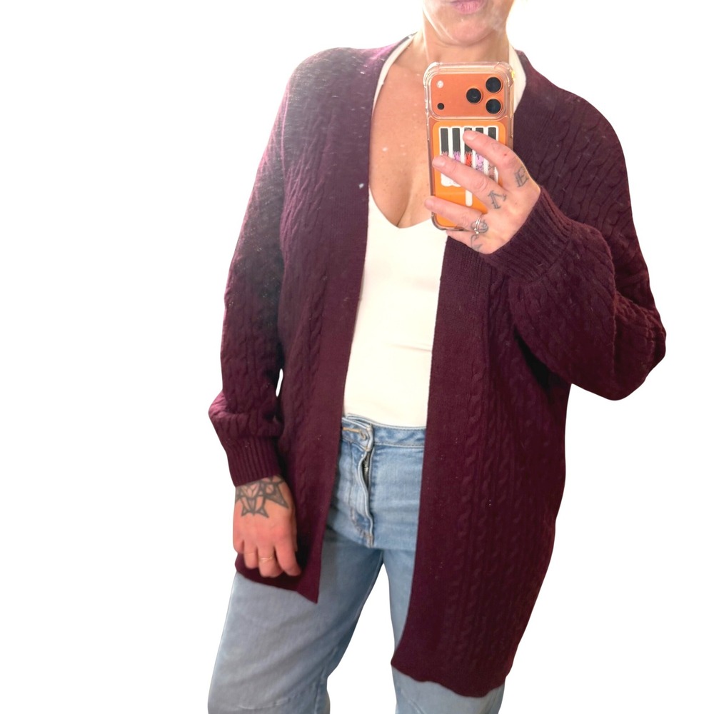 Laura Petites Cable Knit Cardigan Open Front Purple Grandmacore Dark Academia PS